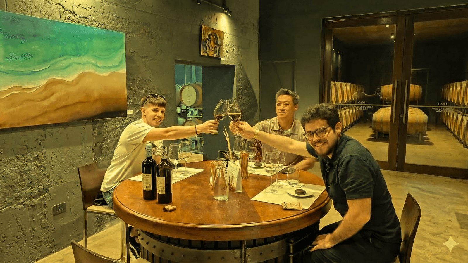 Group raising a toast at the table of a Maipú winery