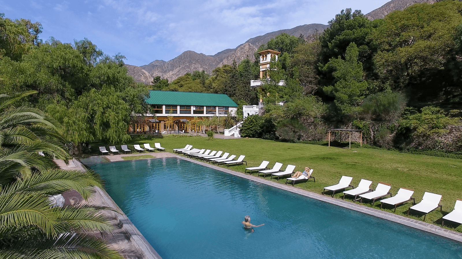 Aerial view of the Termas de Cacheuta hotel and pools