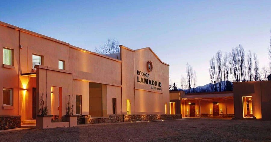 Façade of a Luján winery at sunset