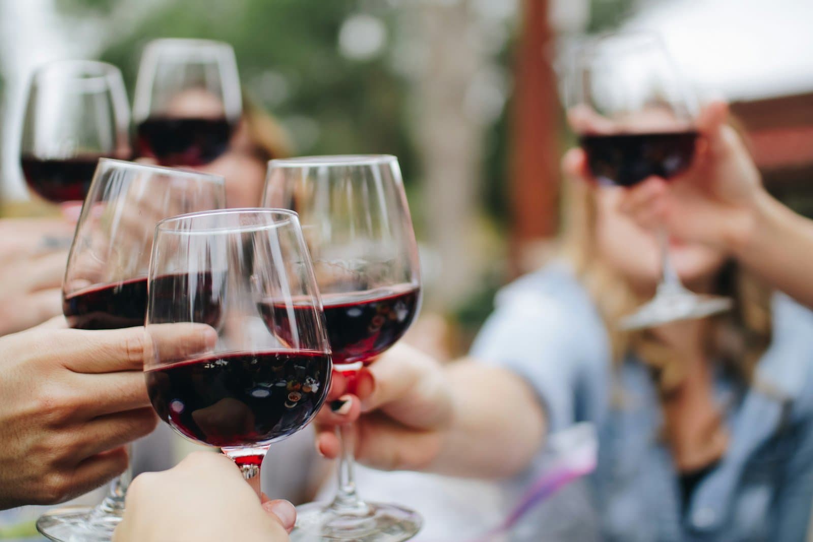 Glasses raised in a toast at a picnic