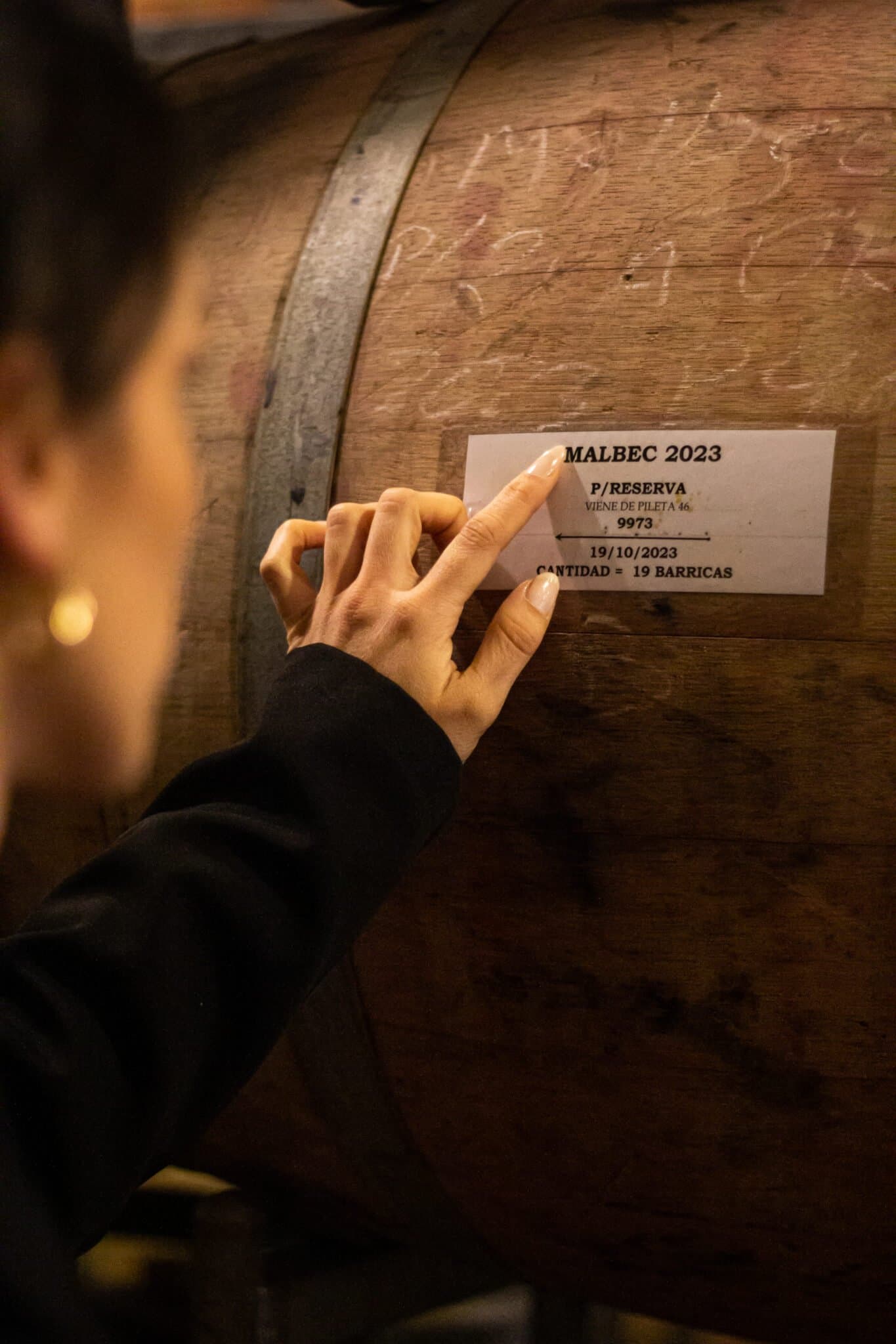 A 2023 Malbec barrel marked with its label